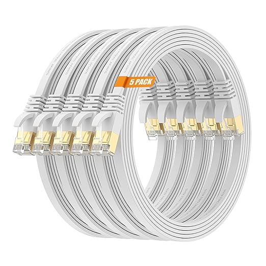 Cat7 10FT-5Pack Ethernet Cable Flat-White-10Gbps High Speed Ultra Slim Double by SURPLAY-WinningHighSpeed