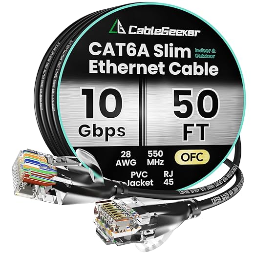 CableGeeker CAT6A Slim Ethernet Cable 50FT, 10Gbps 550MHz High Speed Network by CableGeeker
