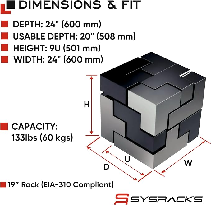 9U Wall Mount Server Rack Cabinet 24” Deep, 19” Network & AV Enclosure - Image 3