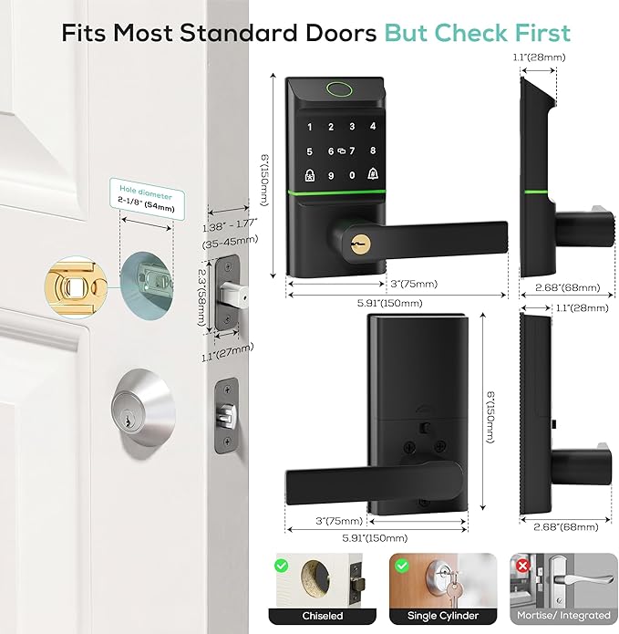 Smart Door Lock Keyless Entry, 6-in-1 Biometric Deadbolt w/Fingerprint - Image 8