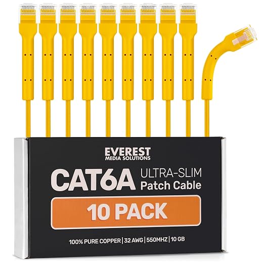 Everest Ultra Slim Cat6a Ethernet Patch Cables 2ft Yellow by EverestMediaSolutions