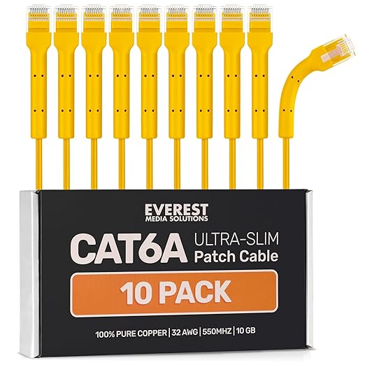 Everest Ultra Slim Cat6a Ethernet Patch Cables 1ft Yellow by EverestMediaSolutions