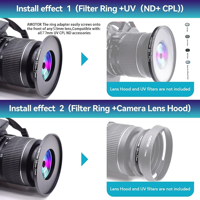 58mm to 77mm Camera Filters Ring Compatible All 58mm Camera Lenses to 77mm UV - Image 6