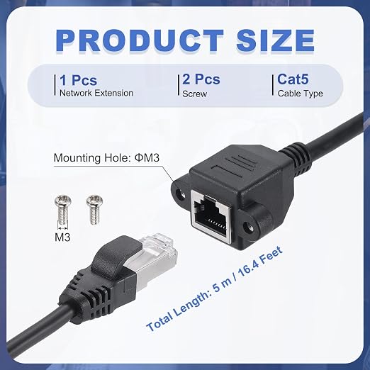 MECCANIXITY Cat5 Ethernet Extension Cable, 16.4Ft RJ45 Male to Female Screw - Image 2