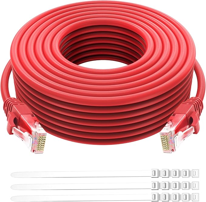Adoreen Cat 6 Ethernet Cable 100 Ft-Red, Outdoor & Indoor Snagless Long Round by Adoreen