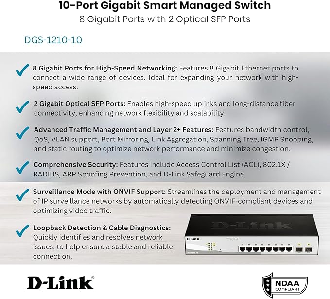 D-Link 10-Port Gigabit Smart Managed Switch | 8 GbE + 2 SFP Ports | L2+ | VLANs - Image 2