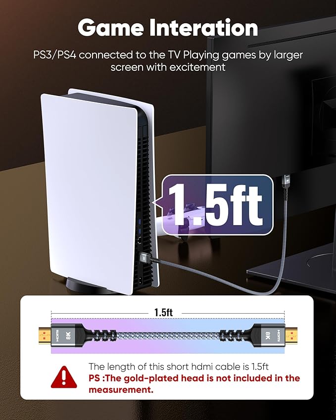 Highwings 4K Short HDMI Cable 1.72ft/52.5cm Total Length, 1.36ft/41.5cm Cable - Image 2