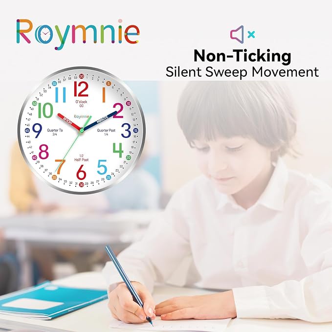 Roymnie 14 Inch Wall Clock for Kids Learning to Tell Time, Modern Silent - Image 2