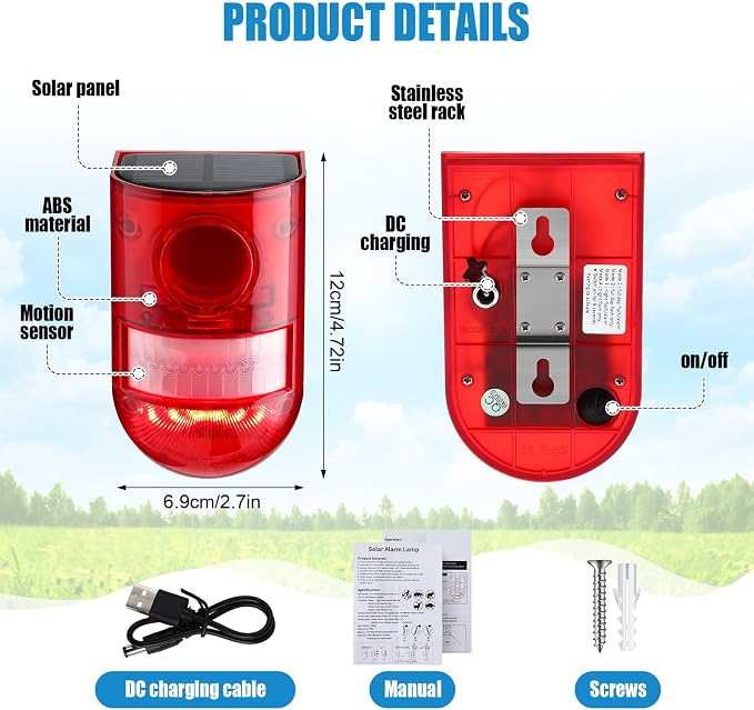 Qualirey Solar Sound and Light Alarm Motion Sensor 129db Outdoor Security Siren - Image 4