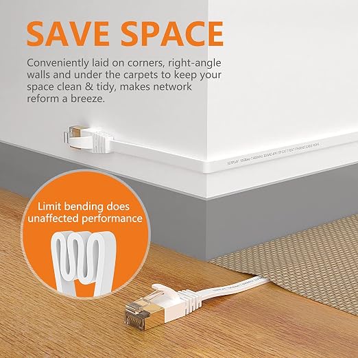 Cat7 20FT Ethernet Cable Flat-White-10Gbps Ultra Slim High Speed Gold-Plated - Image 4