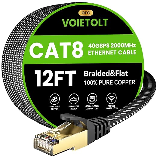 Cat 8 Ethernet Cable 12 FT Flat, High Speed 40Gbps 2000Mhz Braided Internet by EthernetCable