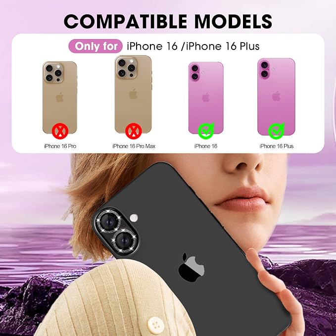 for iPhone 16/16 Plus Camera Lens Protector Bling Individual Metal Glitter Ring - Image 2