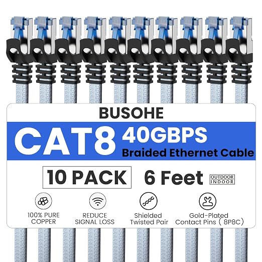 BUSOHE Cat 8 Ethernet Cable 6 FT 10 Pack, Nylon Braided High Speed Heavy Duty by BUSOHE