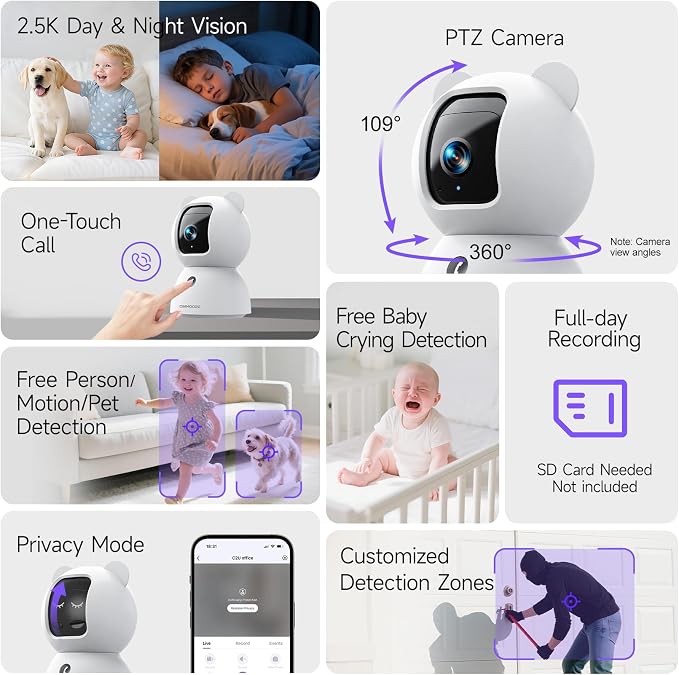 2.5K Pet/Dog Camera with Speaker/Phone App, No-Monthly-Fee AI Person/Pet/Cry - Image 2