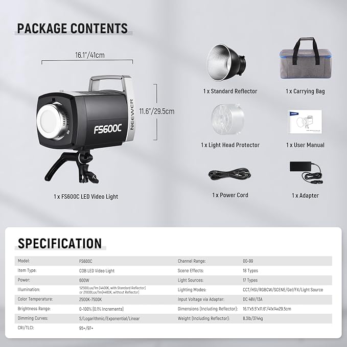 NEEWER Pro 600W RGB LED Video Light APP/2.4G/DMX Control, 2500-7500K 52500lx/1m - Image 3
