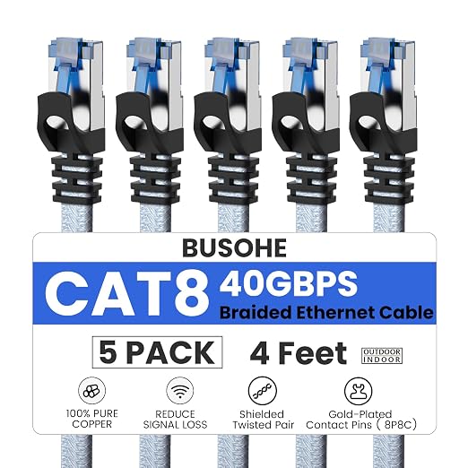BUSOHE Cat 8 Ethernet Cable 4 FT 5 Pack, Nylon Braided High Speed Heavy Duty by BUSOHE