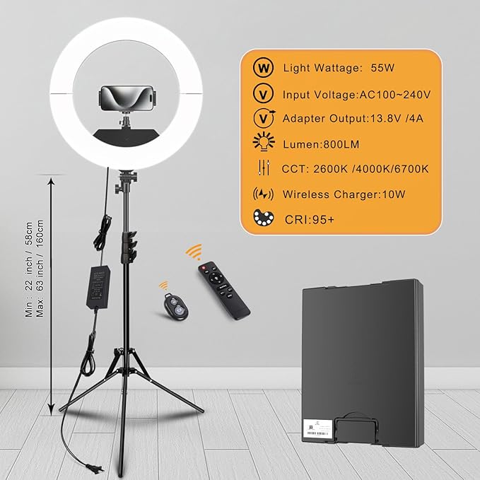 Ring Light 18 INCH Kit, 55W6700k Dimmable LED Light, Tripod Stand, Remote - Image 3