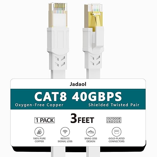 Jadaol Cat 8 Ethernet Cable 3 ft, 40Gbps 2000MHz Flat RJ45 S/FTP LAN Patch Cable by Jadaol