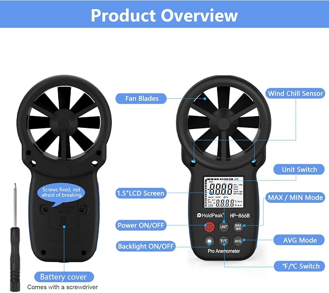 HoldPeak 866B Handheld Anemometer, Digital Wind Speed Gauge Meter, Air Flow - Image 9