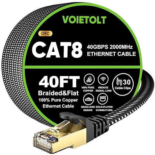 Cat 8 Ethernet Cable 40 FT Flat, High Speed 40Gbps 2000Mhz Braided Internet by EthernetCable