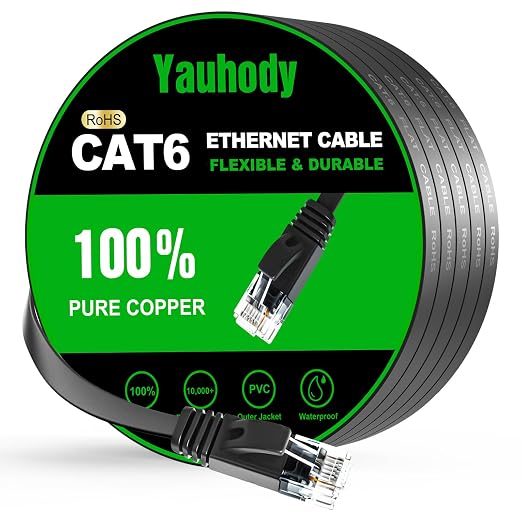 Yauhody CAT 6 Ethernet Cable 65ft Black, High Speed Solid Flat CAT6 Gigabit by Yauhody