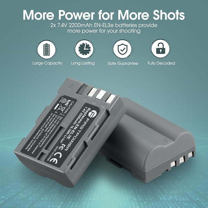 FirstPower EN-EL3e Battery 2-Pack 2200mAh and Dual USB Charger Compatible - Image 2