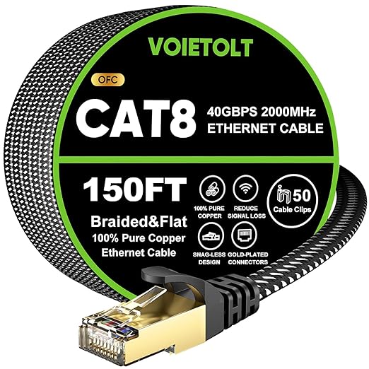 Cat 8 Ethernet Cable 150 FT Flat, High Speed 40Gbps 2000Mhz Braided Internet by EthernetCable