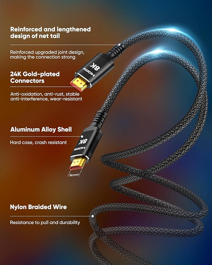 Snowkids 8K HDMI 2.1 Cable 5 ft, Non-Slip Nylon Braided, 48Gbps Ultra - Image 4