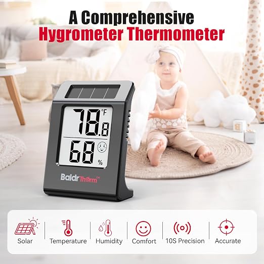 BaldrTherm Digital Thermometer and Humidity Meter, Solar-Powered 2.2" Indoor - Image 6