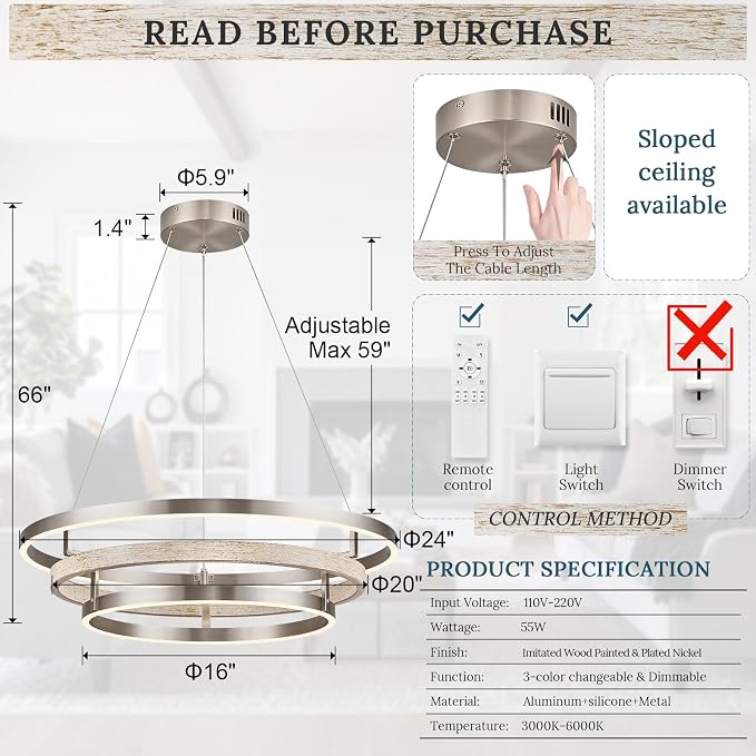 3 Ring LED Chandelier Nickel Round Chandelier Light Fixture Dimmable Foyer - Image 6