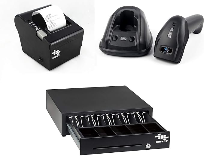 Heavy Duty Cash Register Drawer + Thermal Receipt Printer + Barcode Scanner by EOM-POS