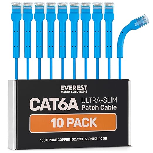Everest Ultra Slim Cat6a Ethernet Patch Cables 1ft Blue by EverestMediaSolutions