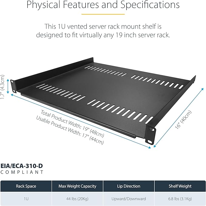 StarTech.com 2-Pack 1U Server Rack Shelf, Vented Rack Mount Cantilever Shelf - Image 3