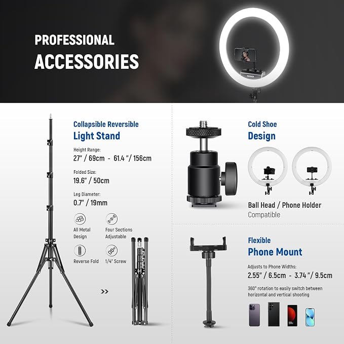 NEEWER 18 inch Ring Light with Tripod Stand and Phone Holder, Ultra Thin Video - Image 7