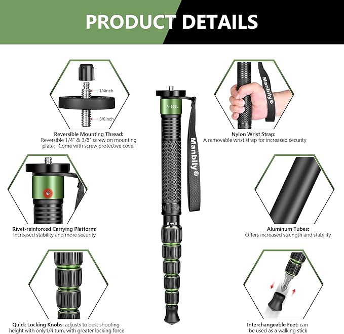 Manbily Camera Monopod Aluminum Portable Compact Lightweight Travel Monopod - Image 4