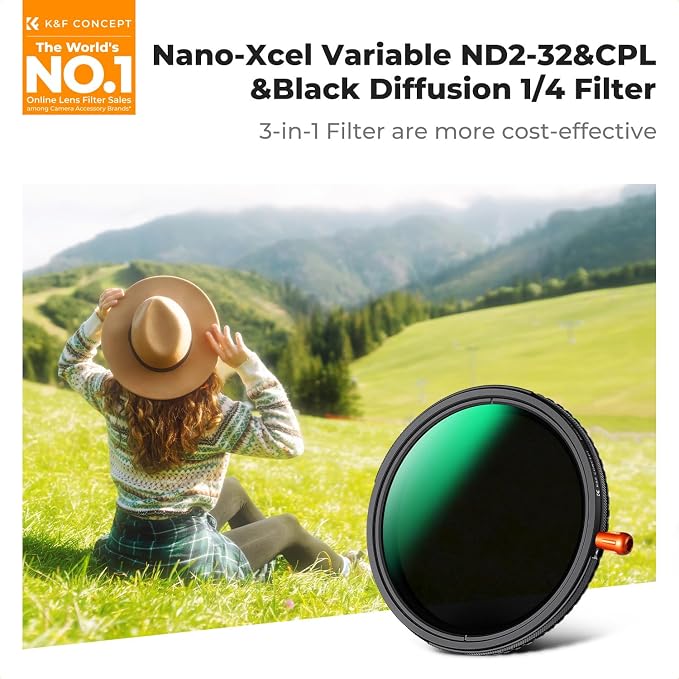 K&F CONCEPT 77mm Black Diffusion Mist Effect 1/4 & Variable ND2-32 & Circular - Image 2