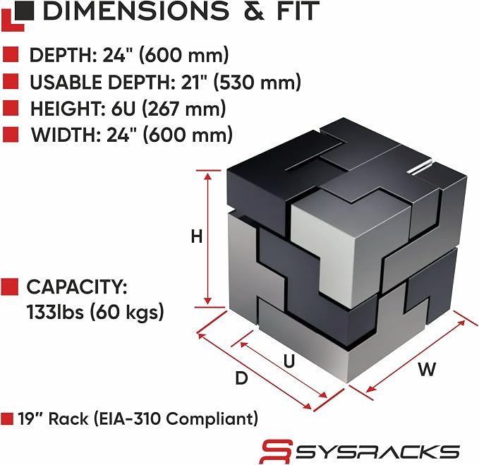 6U Wall Mount Server Rack Cabinet 24” Deep, 19” Network & AV Enclosure - Image 3