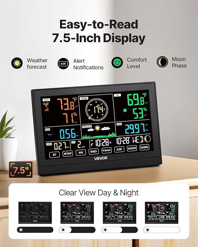 VEVOR 7-in-1 Wireless Weather Station, 7.5-Inch VA Display, Solar Powered - Image 4