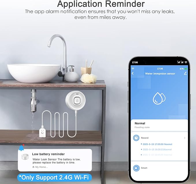 Wi-Fi Water Leak Detector, 100dB Adjustable Audio Alarm Sensor, Sensitive Leak - Image 5