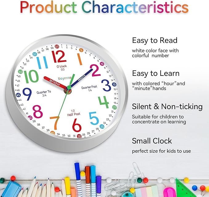 Roymnie Wall Clock for Kids Learning to Tell Time Easily Non Ticking Battery - Image 6