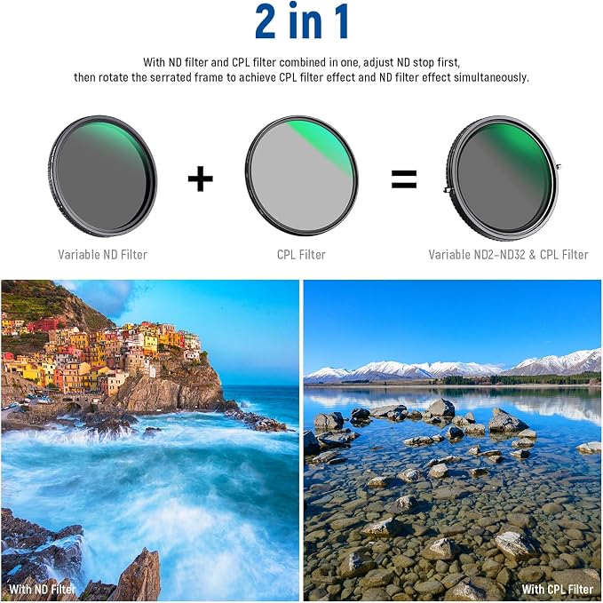 NEEWER 2 in 1 46mm Variable ND Filter ND2–ND32&CPL Filter No X Cross/30 Layer - Image 2