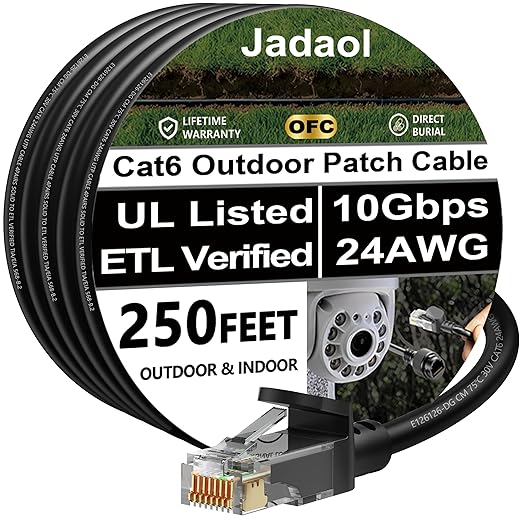 Jadaol Cat6 Outdoor Ethernet Cable 250 ft, Support Cat8/7 Network, 10Gbps 24AWG by Jadaol