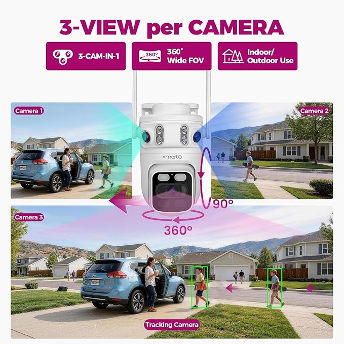 xmartO 6MP Tri-Lens WiFi Security Camera, 360° Pan Tilt AI Auto Tracking - Image 2