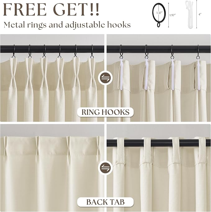 Cream Beige Pinch Pleated Linen Curtains 105 Inch 4 Panels Set - Image 4