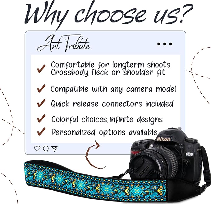 Art Tribute Camera Strap, Vintage Embroidered Neck Shoulder & Crossbody Camera - Image 9