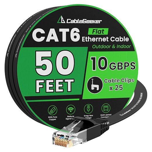 Cat 6 Ethernet Cable 50 ft, Indoor&Outdoor, High Speed 10Gbps Flat Internet by CableGeeker