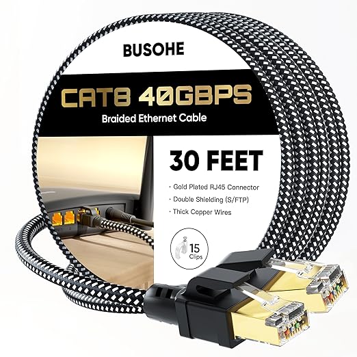 BUSOHE Cat 8 Ethernet Cable 30 FT, High Speed 40Gbps 2000Mhz Braided Network by BUSOHE