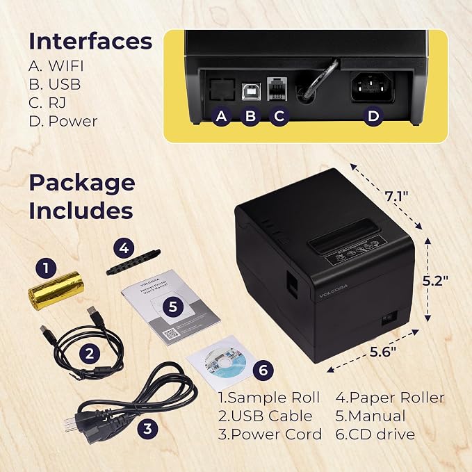 Volcora Thermal Receipt Printer, 80mm POS Printer w/Auto Cutter, USB/WiFi - Image 5
