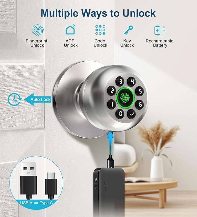 KLLOQUE Fingerprint Door Lock, Smart Fingerprint Door Knob - Image 2