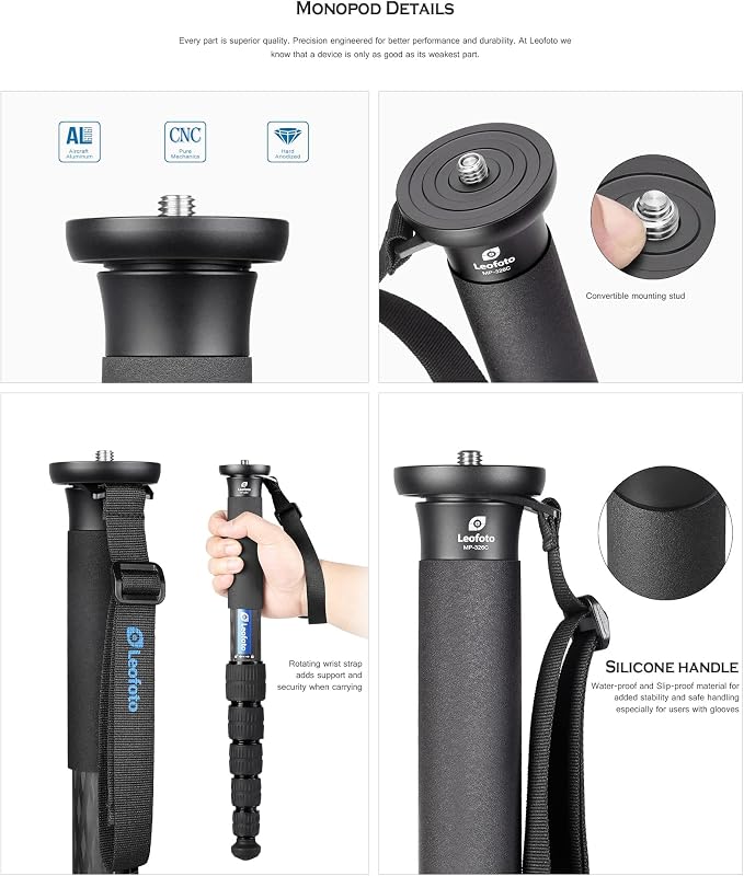 Leofoto MP-366C+VH-10S Monopod and Tilt Head Set, Carbon Fiber, VH-10S Monopod - Image 8